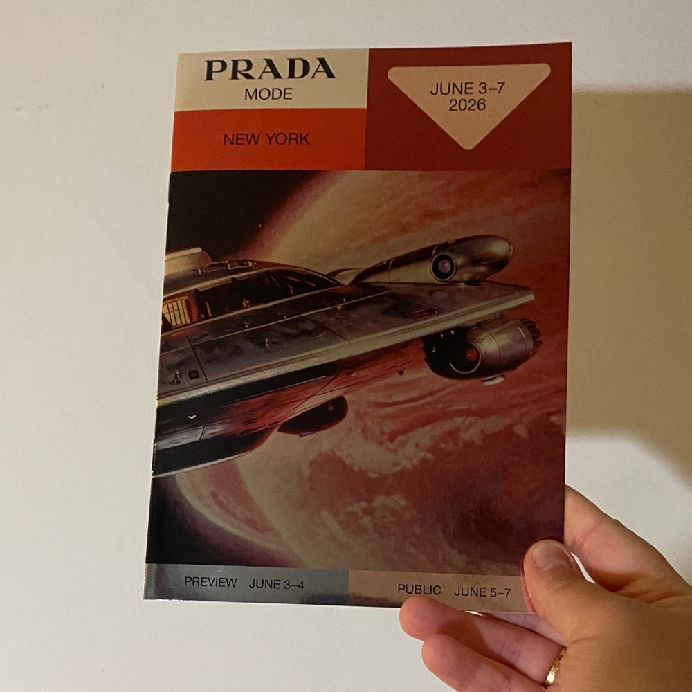 Prada Mode New York Event Card — Red, Black, Cream, Tan